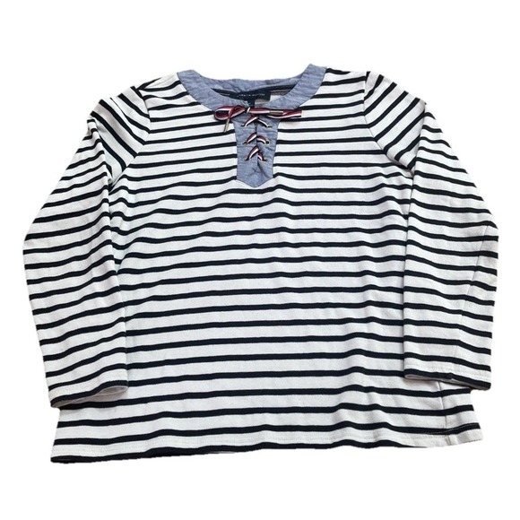 Tommy Hilfiger Tops - Tommy‎ Hilfiger Striped Lace-Up Neck Top Long Sleeve Women's Medium